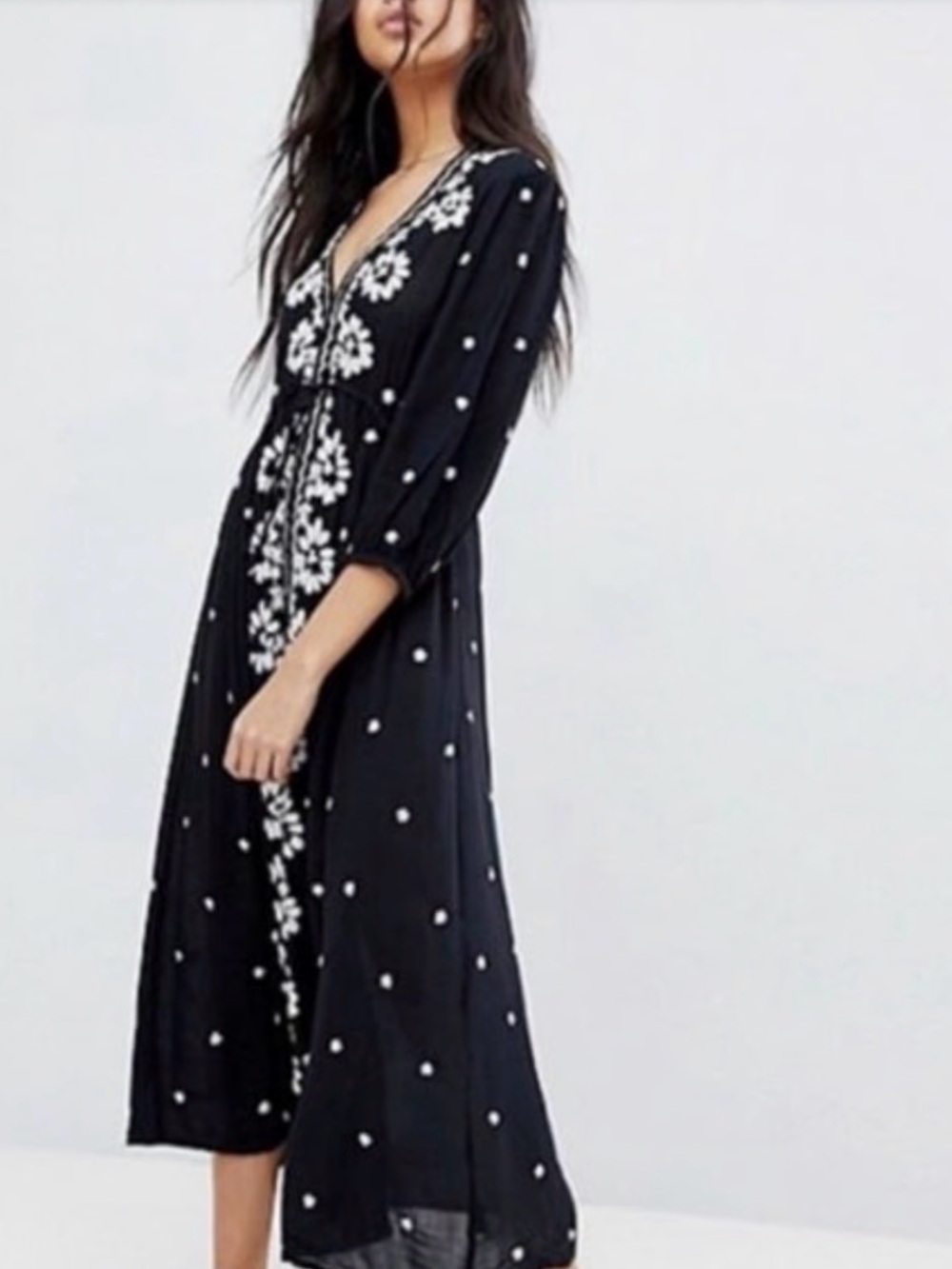 Free People Black Maxi Dress with White Floral Embroidery Trim - Picture 4 of 6